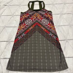 PRANA army Green Red Orange Patterned Strappy Stretch Athletic Sundress Dress S